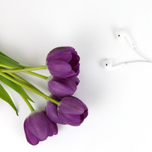 purple tulips and earbuds 