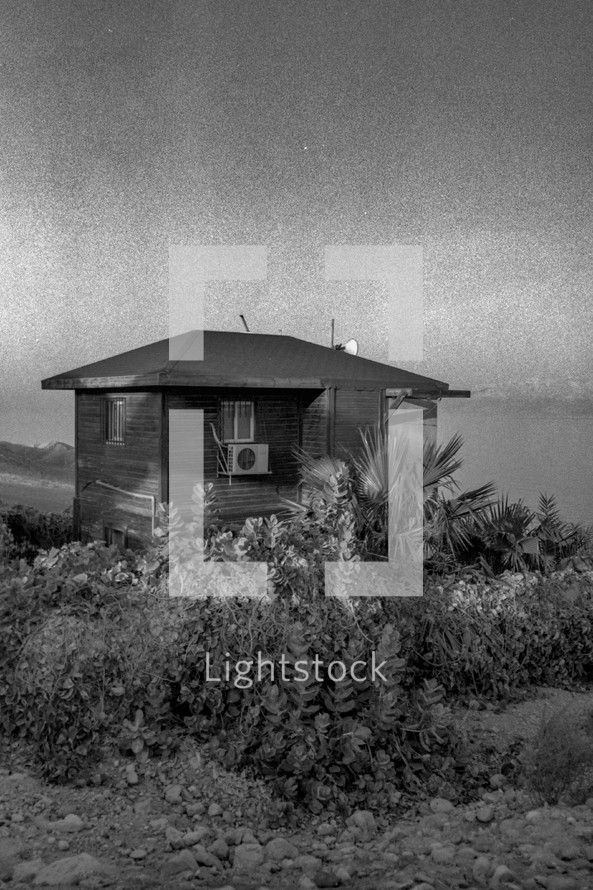 Small wood buildings surrounded by plants in Israel - black and white