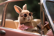 AI Generated Image. Happy Easter bunny driving vintage car