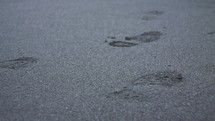 Footprints in the sandy beach washing away.