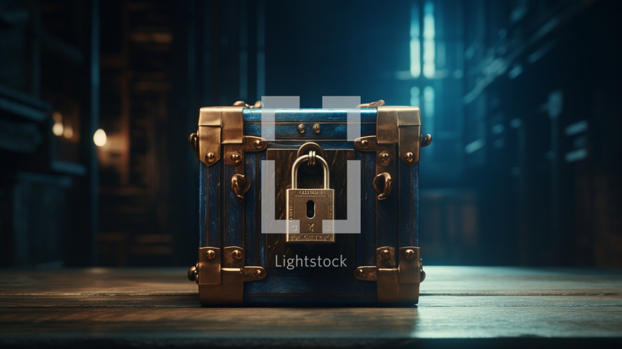 Locked blue chest with a padlock. 