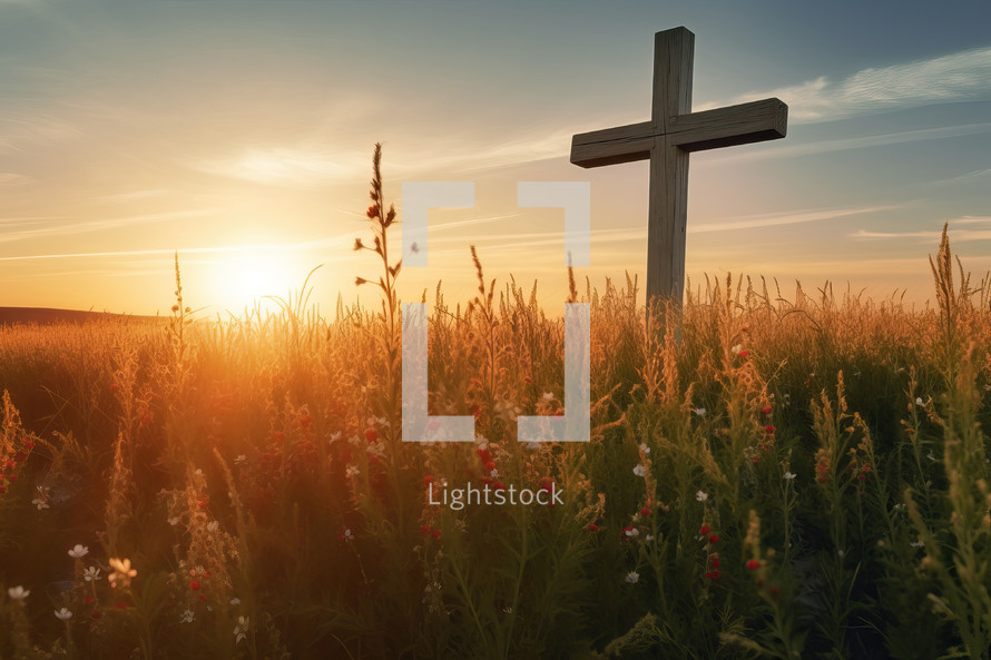A Cross with Beautiful Field at Sunset