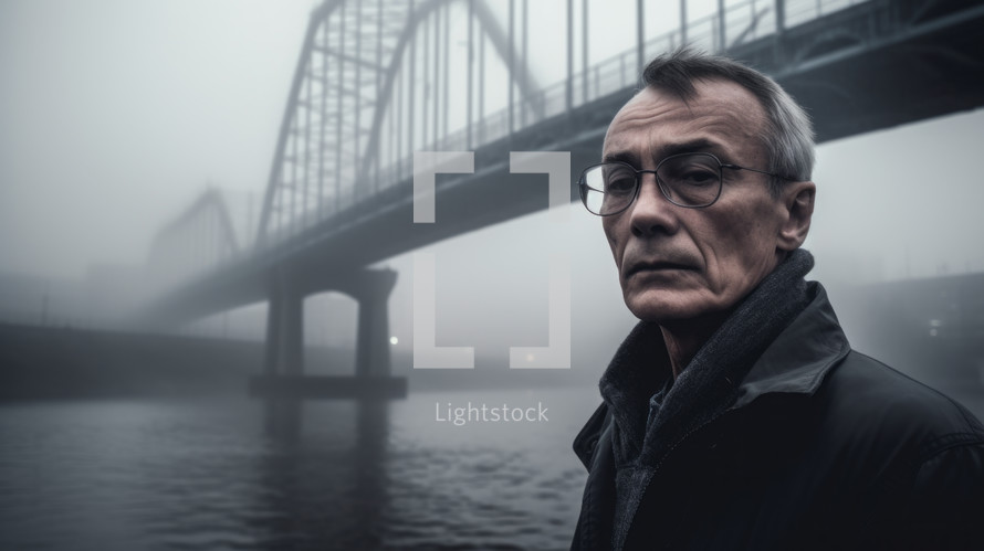 AI generated image. Man in a fog next to the river bridge and city