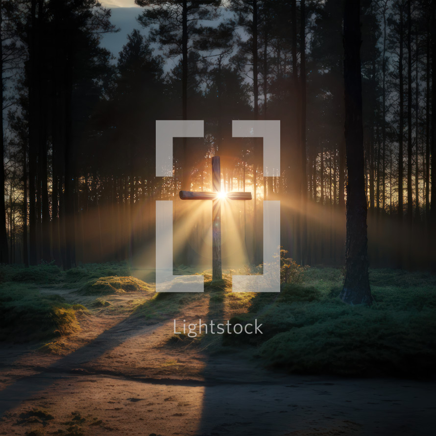 The sun's rays enter the forest and illuminate a wooden cross. Christian concept 