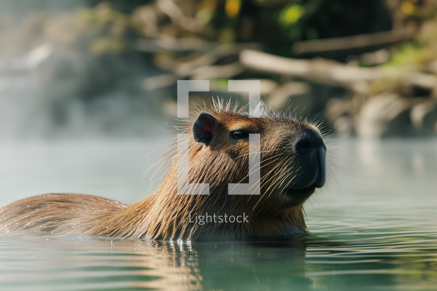 AI Generated Image. Cute adorable funny Capybara in a pond