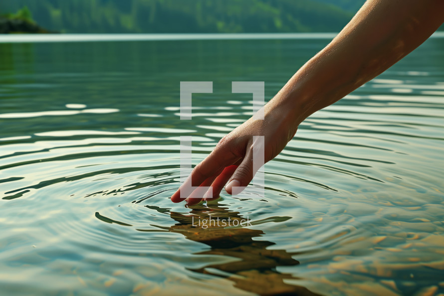 AI Generated Image. Hand touching the surface of a lake