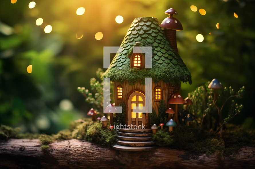 AI Generated Image. Green leprechaun house in a magic forest