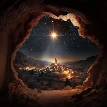 The Nativity Star shines over Judean Bethlehem on a starry night. Bible story