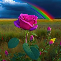 Vibrant rose against stormy sky and rainbow