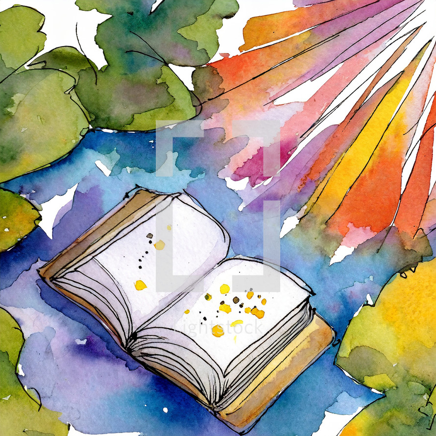 Watercolor painting of a blank book with rays of colorful light