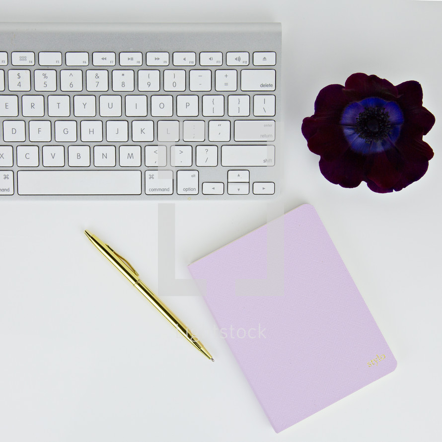 computer keyboard, gold pen, journal, flower, desk, white background, home office, blogger