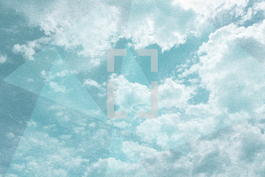 sunny sky with light fluffy clouds, looking upward with angled shapes and grunge effect