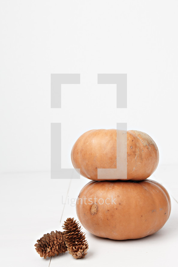 stacked pumpkins and pine cones on a white wood background 
