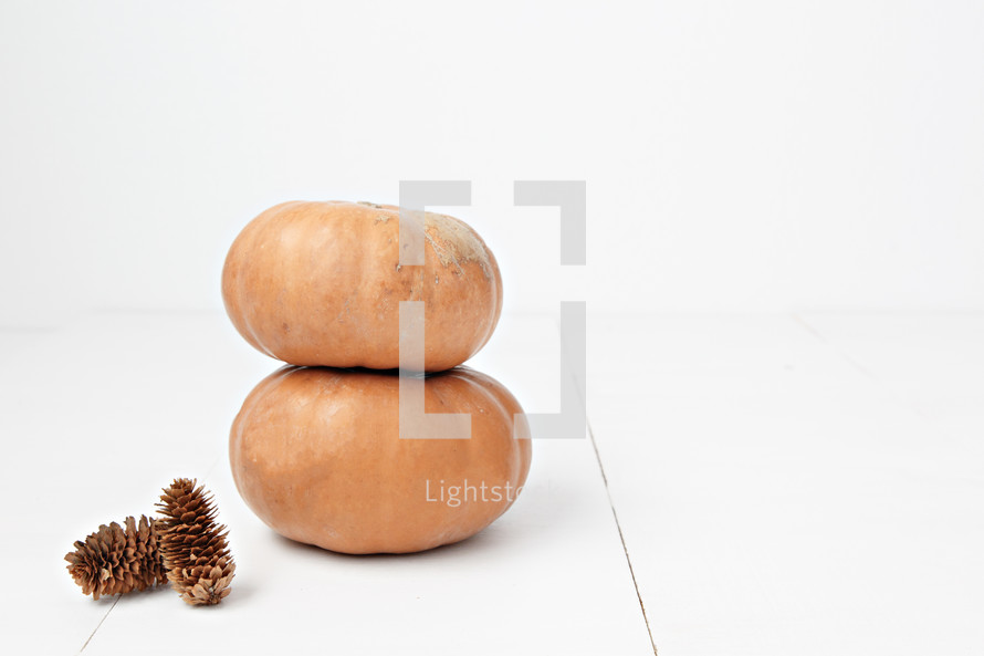 stacked pumpkins and pine cones on a white wood background 