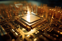 AI generated image. Golden shiny microchip