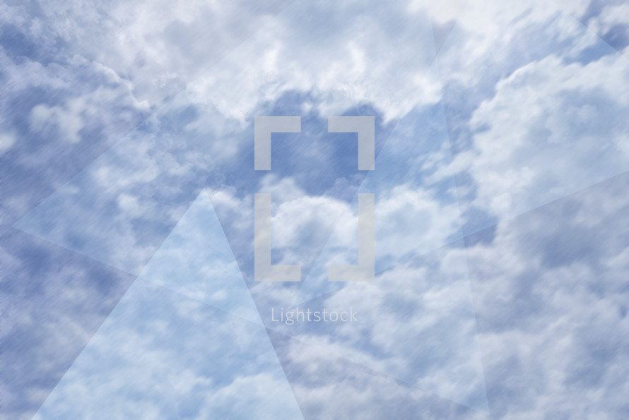 sunny sky with light clouds and triangle shapes in blue and white