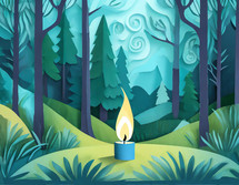 An abstract candle lit in the forest 