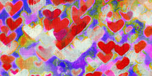 red, white, pink and orange hearts with a purple and yellow background with a batik or crosshatched effect - abstract valentine / love design