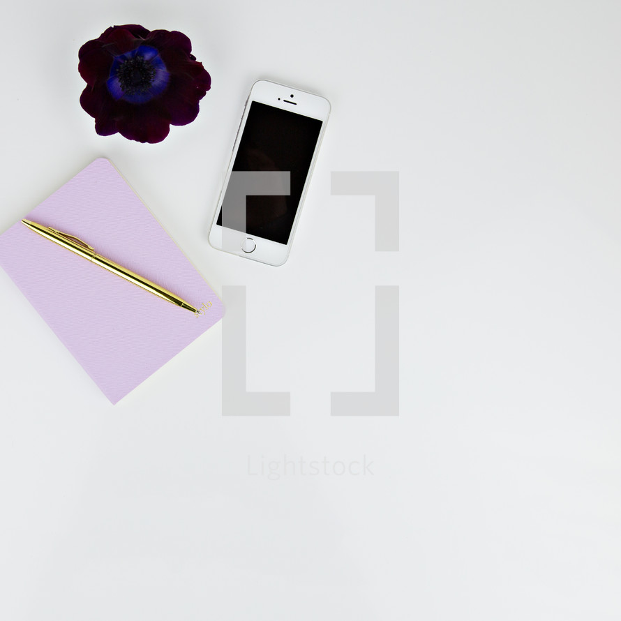 gold pen, flower, and journal on a white background 