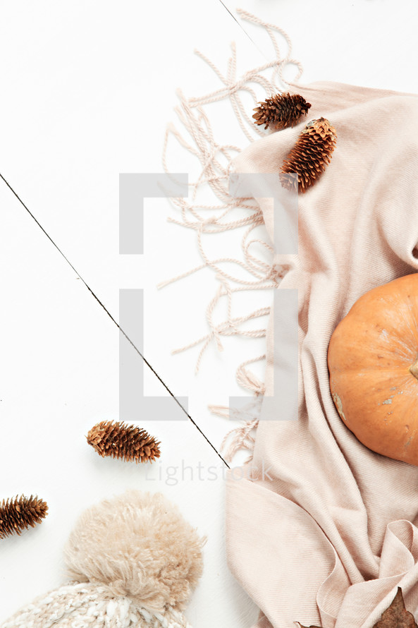 pine cones, scarf, hat, and pumpkin on a white wood background 