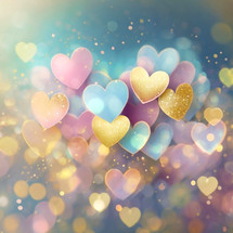 pastel and golden hearts and bokeh, square background