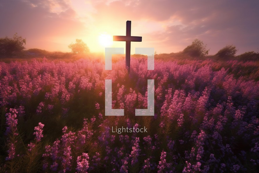 A Cross with Purple Meadow Background