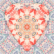 heart design with vintage quilted fabric pattern and texture predominately red-orange and blue