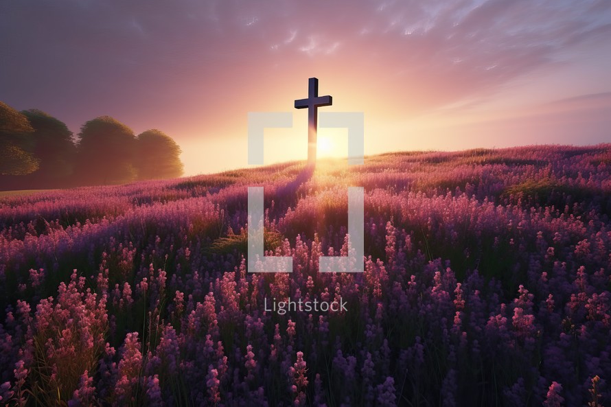 A Cross with Purple Meadow Background