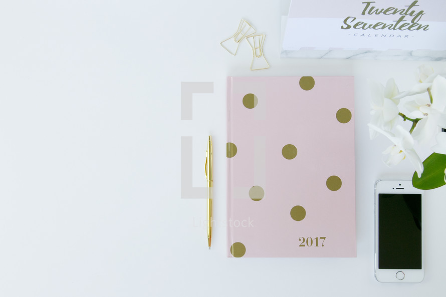 2017 planner and cellphone on a desk 