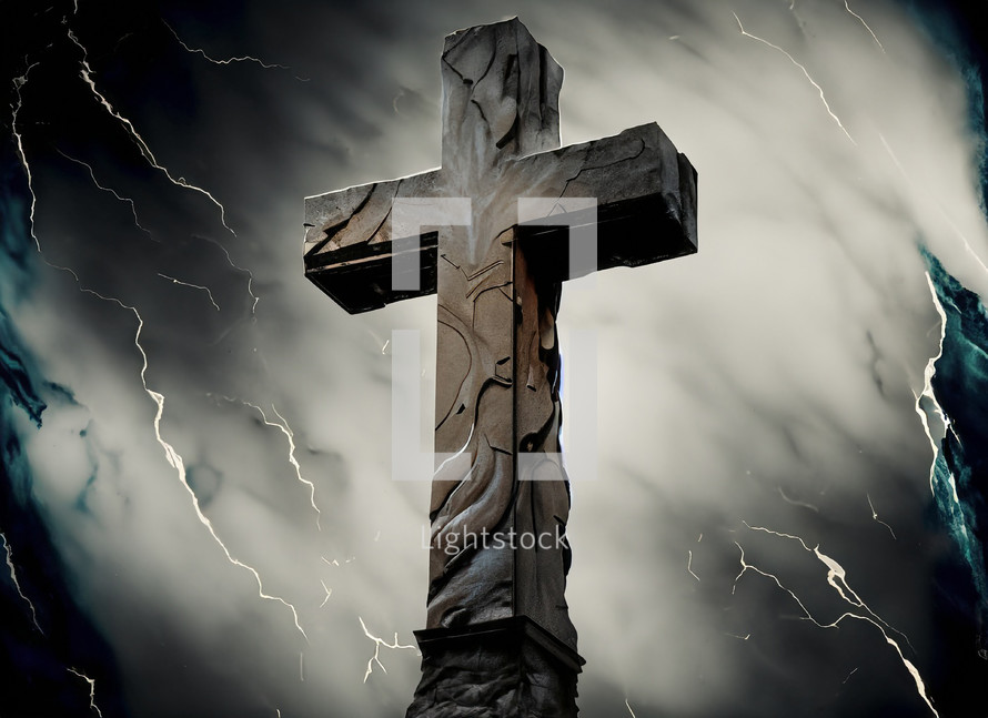 large carved stone cross in front of marble background with colors and tones of a stormy sky