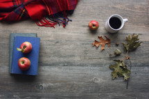 plaid blanket, apples, vintage books, and fall leaves on wood 