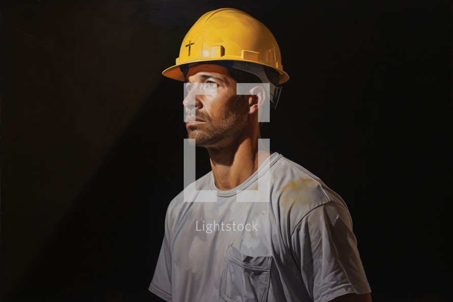 Portrait of a male worker. Building with Christ