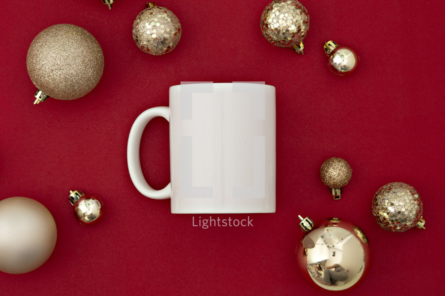 mug and Christmas ornaments 