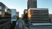 City buildings in Clayton, Missouri at sunset.