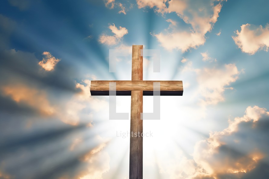 A Wooden Cross with Bright Sun Background