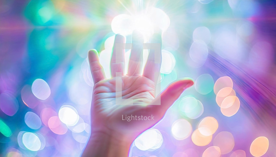 hand reaching upward with colorful bokeh and lens flare 