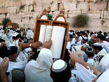 Men touching a Torah Scroll at the Western Wall.