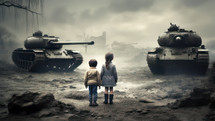 Two brothers watching tanks during a military conflict in Eastern Europe. War concept