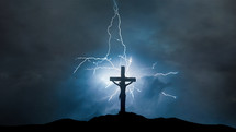 Jesus silhouette on Calvary Hill in the storm
