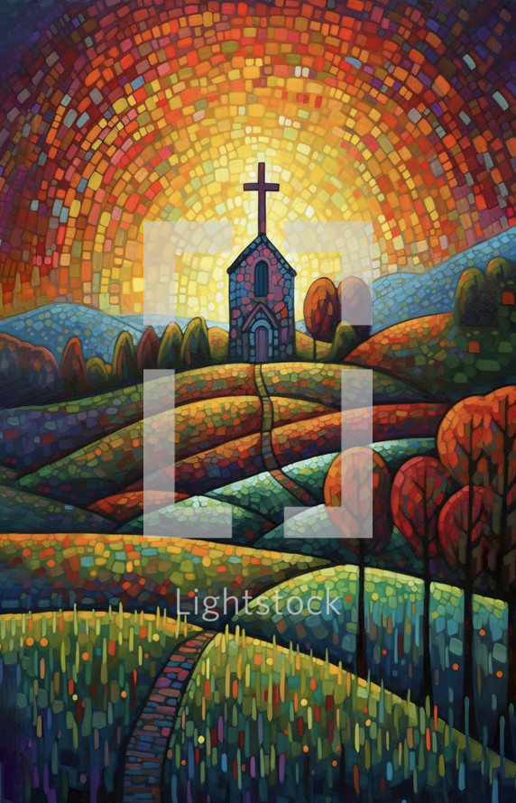 Whimsical painting of the a church with a cross in neo impressionistic style