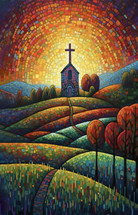 Whimsical painting of the a church with a cross in neo impressionistic style