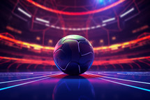AI generated image. Soccer ball in futuristic stadium with neon light