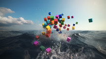 AI Generated Image. Many colorful plastic cubes flying over the sea