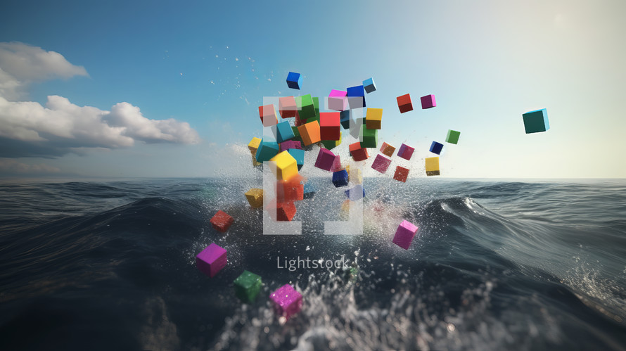 AI Generated Image. Many colorful plastic cubes flying over the sea