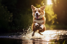 AI Generated Image. Cute Corgi dog running and jumping in a pond