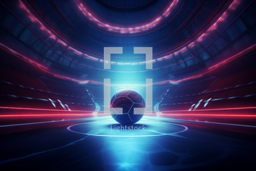AI generated image. Soccer ball in futuristic stadium with neon light