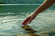 AI Generated Image. Hand touching the surface of a lake