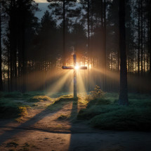 The sun's rays enter the forest and illuminate a wooden cross. Christian concept 