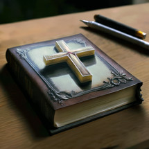 A small wooden cross on a Book. Bible study concept