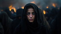 Portrait of a young woman dressed in black during the Middle East crisis. Persecution concept